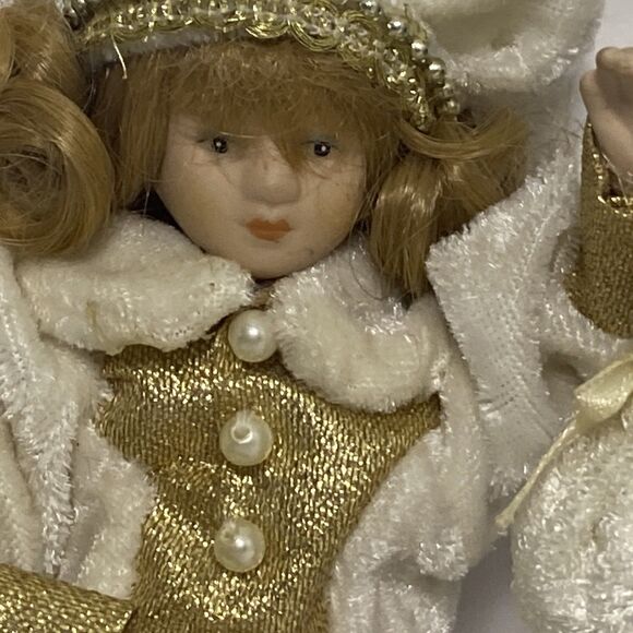 Vintage Porcelain Christmas Boy Doll in Velvet Outfit Girl Doll Handbag Gold - Picture 13 of 16